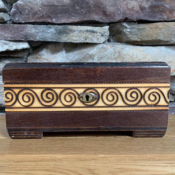 Jewelry Treasure Box Pyrography Wood Burning Red Velvet Lined Bohemian Decor - Picture 5 of 10